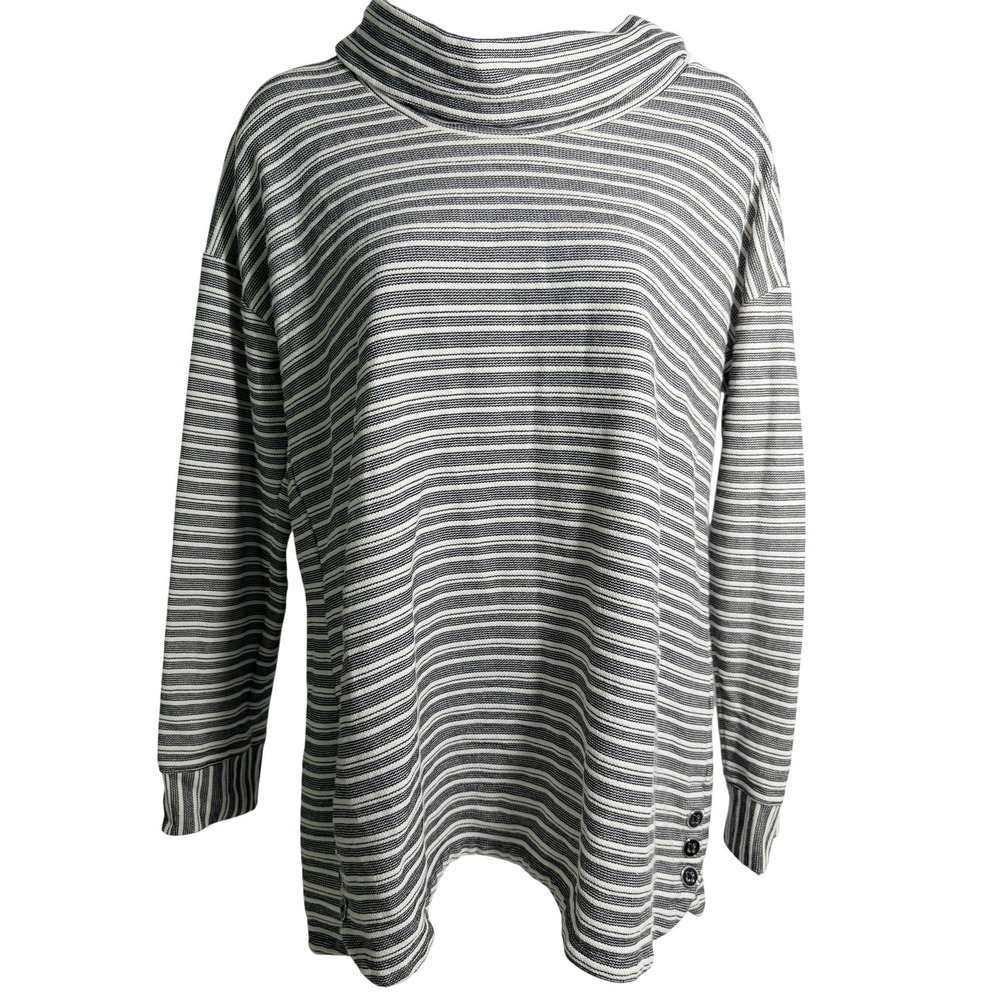 Talbots Sweater Tunic Womens Medium White Stripe Cowl Neck Button Hem Knit